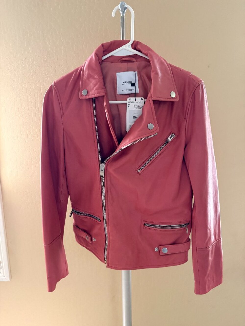 NWT Womens Mango Pink  leather Moto Jacket XS